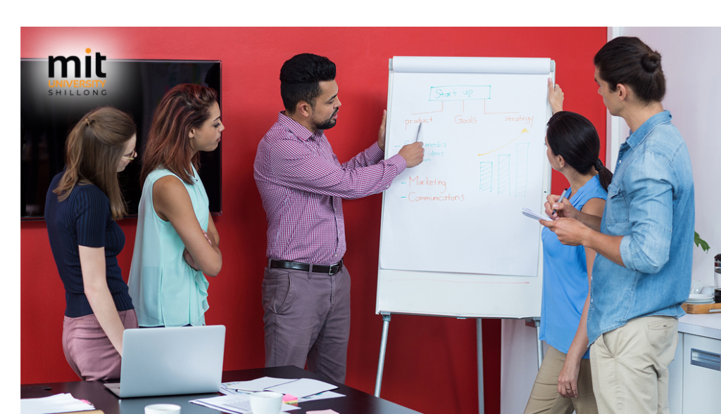 BBA student pitching a startup simulation project to classmates
