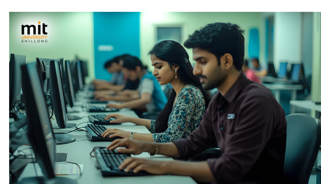 BBA students using a live stock-market simulation in a computer lab
