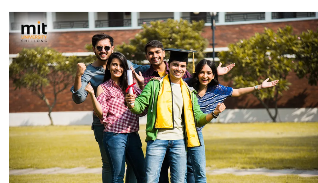 Group of confident commerce students celebrating campus achievement